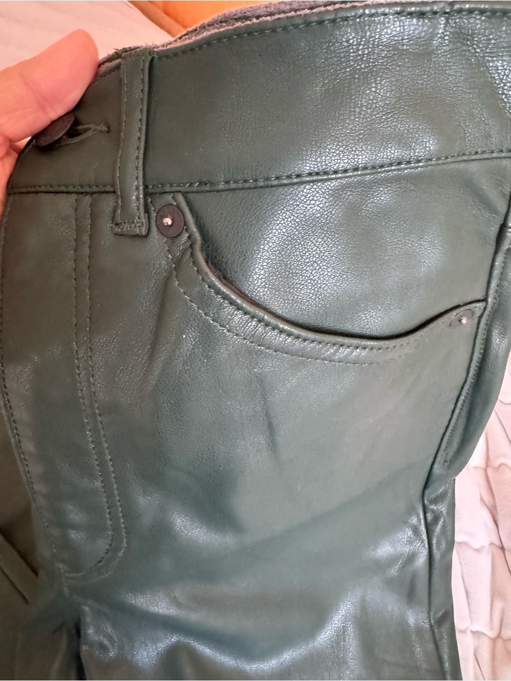 Express Forest Green Vegan Leather Straight-Leg Pants. 4 - Picture 3 of 7